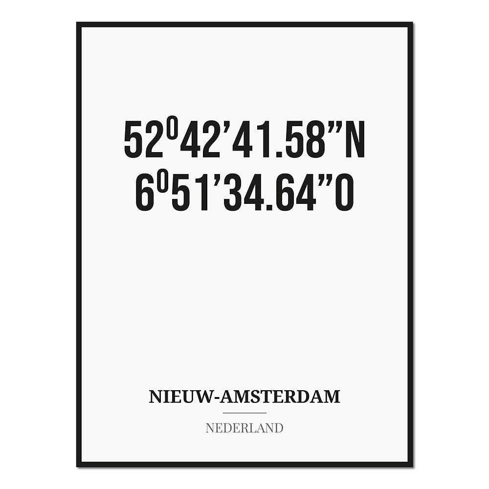 Poster/kaart NIEUW-AMSTERDAM met coördinaten